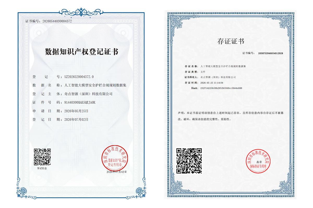 奇点智源荣获《人工智能大模型安全护栏合规规则数据集》数据知识产权登记证书！